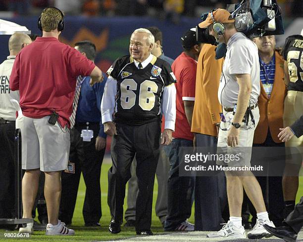 Arnold Palmer, honorary captain for Wake Forest, during the 73rd annual FedEx Orange Bowl between Louisville and Wake Forest at Dolphin Stadium in...