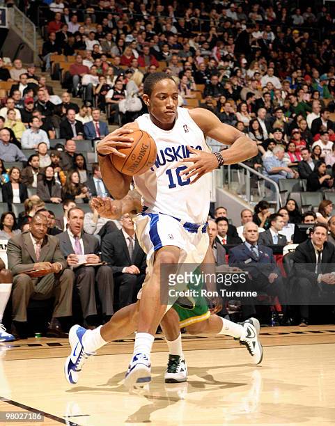 DeMar DeRozan of the Toronto Raptors prepares for takeoff along the baseline during a game against the Utah Jazz on March 24, 2010 at the Air Canada...