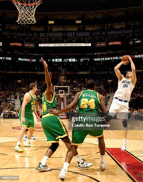 Hedo Turkoglu of the Toronto Raptors takes the mid-range shot just outside the paint during a game against the Utah Jazz on March 24, 2010 at the Air...