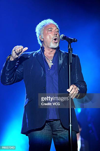 Welsh singer Tom Jones sings during his concert at Hong Kong Exhibition Centre on March 24, 2010 in Hongkong of China.