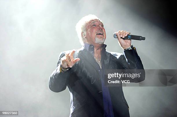 Welsh singer Tom Jones sings during his concert at Hong Kong Exhibition Centre on March 24, 2010 in Hongkong of China.