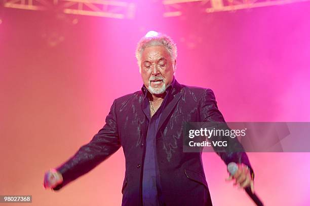 Welsh singer Tom Jones sings during his concert at Hong Kong Exhibition Centre on March 24, 2010 in Hongkong of China.