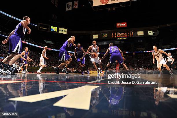Jarvis Hayes of the New Jersey Nets drives the ball against the Sacramento Kings during the game on March 24, 2010 at the Izod Center in East...