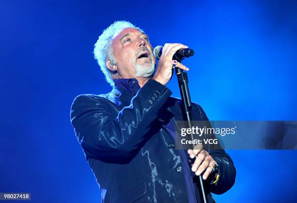 Welsh singer Tom Jones sings during his concert at Hong Kong Exhibition Centre on March 24, 2010 in Hongkong of China.