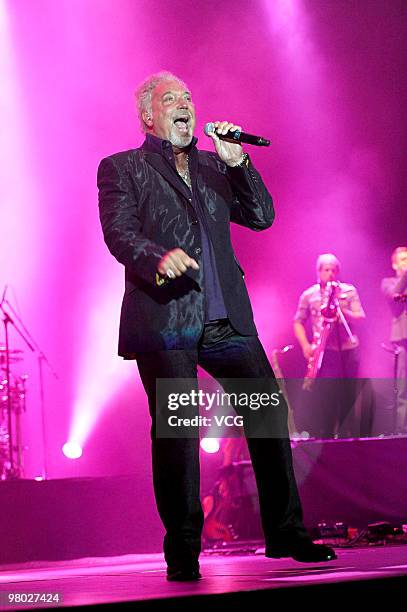 Welsh singer Tom Jones sings during his concert at Hong Kong Exhibition Centre on March 24, 2010 in Hongkong of China.