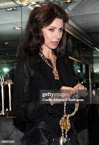 Jewelry designer Angela Tassoni-Newley shows some of her designs at 'A Parisian Afternoon' hosted by The House of Lloyd Klein Couture on March 24,...