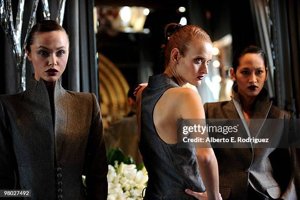 Models wearing Lloyd Klein couture pose at 'A Parisian Afternoon' hosted by The House of Lloyd Klein Couture on March 24, 2010 in Los Angeles,...