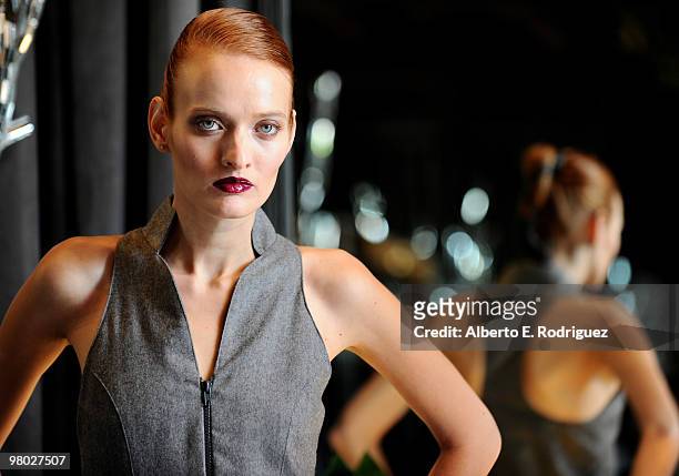 Model wearing Lloyd Klein couture poses at 'A Parisian Afternoon' hosted by The House of Lloyd Klein Couture on March 24, 2010 in Los Angeles,...