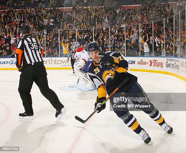 Thomas Vanek of the Buffalo Sabres celebrates his game winning shootout goal against Carey Price of the Montreal Canadiens on March 24, 2010 at HSBC...