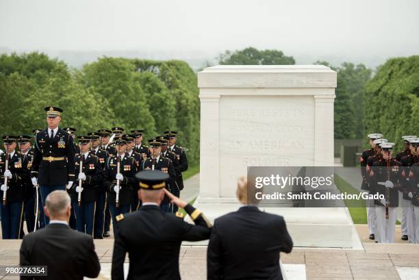 Photograph of President Donald Trump, Secretary of Defense James N Mattis, Chairman of the Joint Chiefs of Staff General Joseph F Dunford Jr. And...