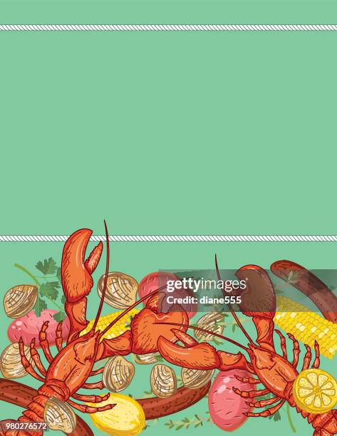 lobster boil background template - surf and turf stock illustrations