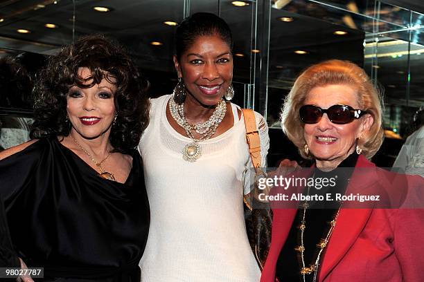 Actress Joan Collins, singer Natalie Cole and socialite Barbara Davis pose at 'A Parisian Afternoon' hosted by The House of Lloyd Klein Couture on...