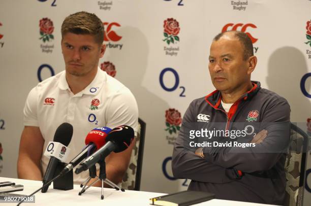 Eddie Jones, the England head coach, faces the media with his captain Owen Farrell during the England media session held at the Vineyard Hotel on...