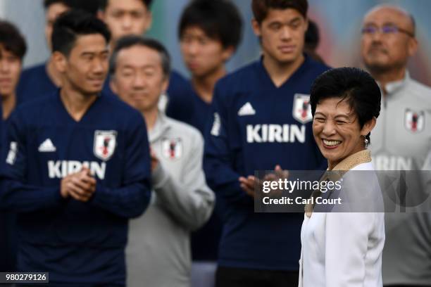 Hisako, Princess Takamado is applauded by players during the Japan Training Session on June 21, 2018 in Kazan, Russia.