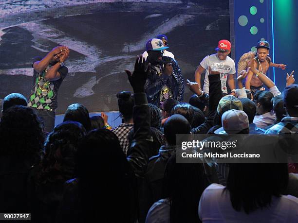 Rappers Shawn, K Smith, Valentino, C-Active and Romeo of the College Boyys perform on BET's "106 & Park" at BET Studios on March 24, 2010 in New York...