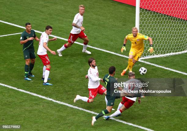 Jens Stryger Larsen of Denmark wins a header over Mathew Leckie of Australia during the 2018 FIFA World Cup Russia group C match between Denmark and...