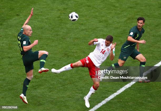 Aaron Mooy of Australia battles for possession with den14 during the 2018 FIFA World Cup Russia group C match between Denmark and Australia at Samara...