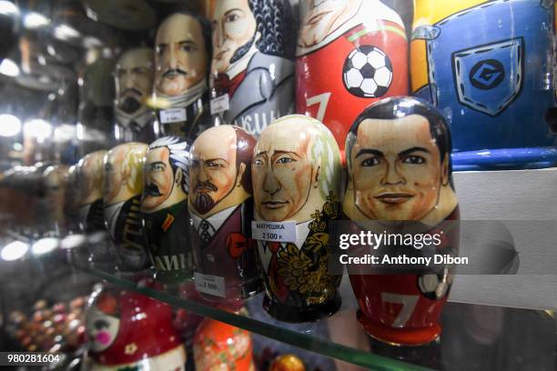 Traditional Russian Doll with image of Cristiano Ronaldo and Vladimir Putin during the 2018 FIFA World Cup on June 20, 2018 in Moscow, Russia.