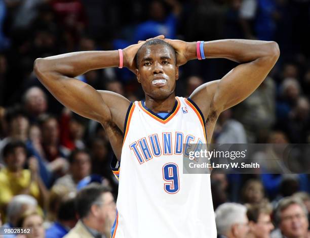 Serge Ibaka of the Oklahoma City Thunder waits for the clock to run out of time during the fourth quarter of the game against the Houston Rockets at...