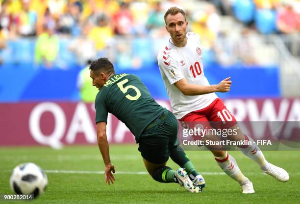Mark Milligan of Australia and Christian Eriksen of Denmark compete for the ball during the 2018 FIFA World Cup Russia group C match between Denmark...