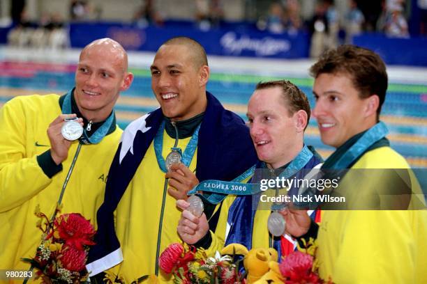 The Australian Men's 4x100m Relay Medley Team celebrate their silver medal during the Men's 4x100m Relay Medley Final held at the Sydney...