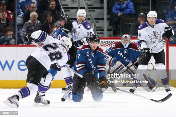 Jarret Stoll of the Los Angeles Kings scores a goal against the Colorado Avalanche at the Pepsi Center on March 24, 2010 in Denver, Colorado. The...
