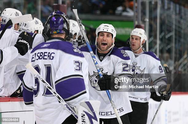 Jarret Stoll of the Los Angeles Kings celebrates a goal against the Colorado Avalanche at the Pepsi Center on March 24, 2010 in Denver, Colorado. The...