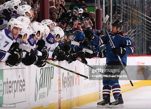 Chris Stewart of the Colorado Avalanche celebrates the game-winning shootout goal against the Los Angeles Kings at the Pepsi Center on March 24, 2010...