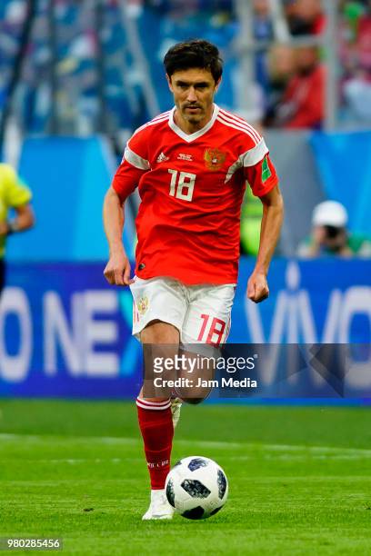 Yuri Zhirkov of Russia drives the ball during the 2018 FIFA World Cup Russia group A match between Russia and Egypt at Saint Petersburg Stadium on...