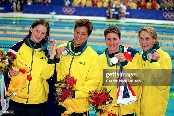 The Australian Women's 4x100m Relay Medley Team celebrate their silver medal during the Women's 4x100m Relay Medley Final held at the Sydney...