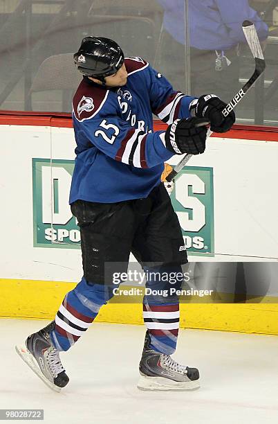 Chris Stewart of the Colorado Avalanche celebrates his overtime shootout goal against the Los Angeles Kings during NHL action at the Pepsi Center on...