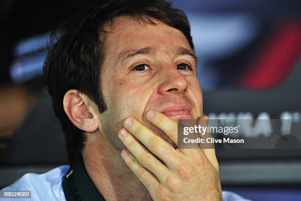 Jarno Trulli of Italy and Lotus attends the drivers press conference during previews to the Australian Formula One Grand Prix at the Albert Park...