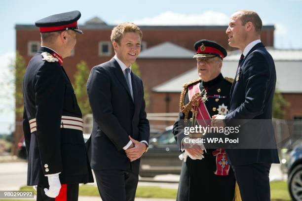 Prince William, Duke of Cambridge is greeted by General Timothy Granville-Chapman , Hugh Grosvenor, the Duke of Westminster and John Peace during the...