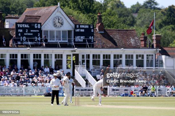 Henry Brookes of Warwickshire bowls on day two of the Specsavers County Championship: Division Two match between Kent and Warwickshire at The Nevill...