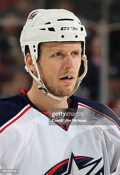 Marc Methot of the Columbus Blue Jackets looks on against the New Jersey Devils at the Prudential Center on March 23, 2010 in Newark, New Jersey. The...