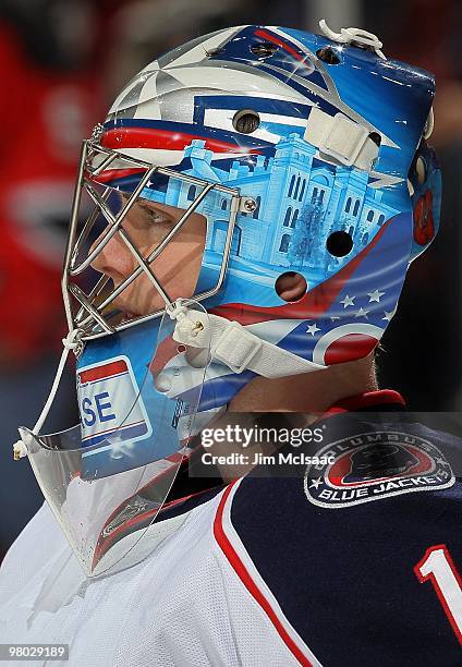 Steve Mason of the Columbus Blue Jackets looks on against the New Jersey Devils at the Prudential Center on March 23, 2010 in Newark, New Jersey. The...