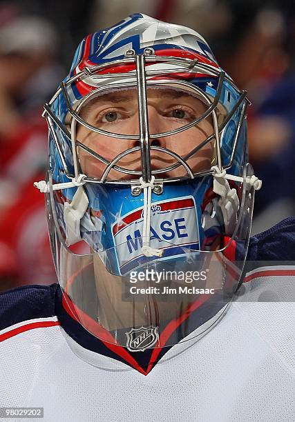 Steve Mason of the Columbus Blue Jackets looks on against the New Jersey Devils at the Prudential Center on March 23, 2010 in Newark, New Jersey. The...