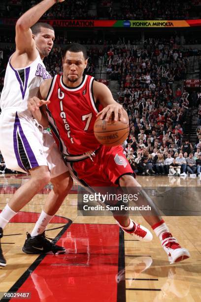 Brandon Roy of the Portland Trail Blazers drives to the basket against Francisco Garcia of the Sacramento Kings during the game at The Rose Garden on...