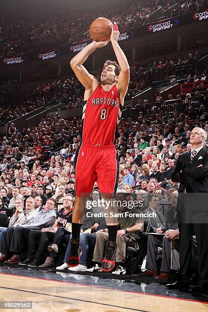 Jose Calderon of the Toronto Raptors shoots a jump shot during the game against the Portland Trail Blazers at The Rose Garden on March 14, 2010 in...