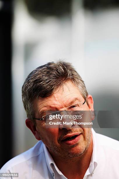 Mercedes GP Team Principal Ross Brawn is interviewed in the paddock during previews to the Australian Formula One Grand Prix at the Albert Park...