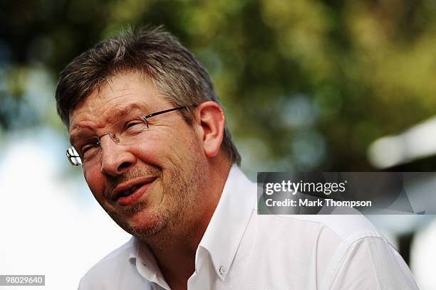 Mercedes GP Team Principal Ross Brawn is interviewed in the paddock during previews to the Australian Formula One Grand Prix at the Albert Park...