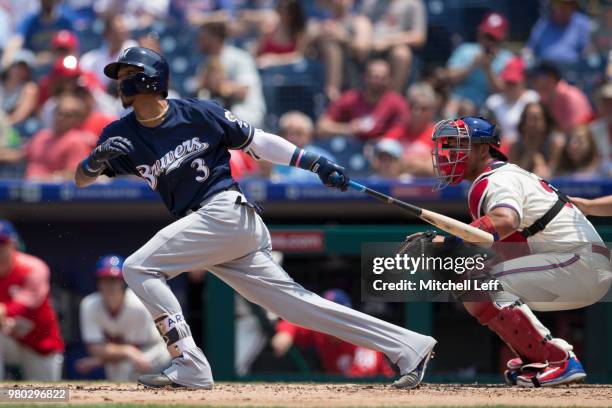 Orlando Arcia of the Milwaukee Brewers bats against the Philadelphia Phillies at Citizens Bank Park on June 9, 2018 in Philadelphia, Pennsylvania.