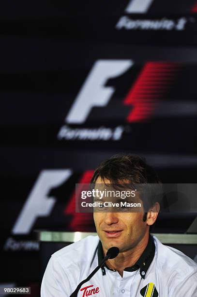 Jarno Trulli of Italy and Lotus attends the drivers press conference during previews to the Australian Formula One Grand Prix at the Albert Park...