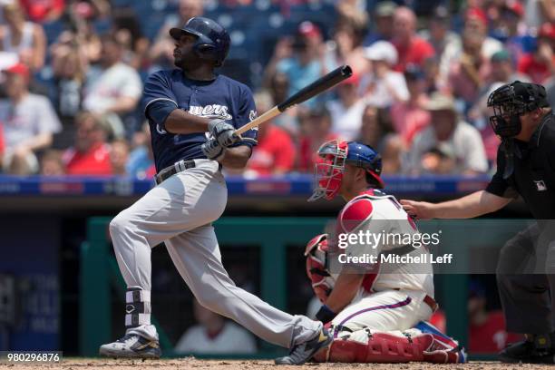 Lorenzo Cain of the Milwaukee Brewers bats against the Philadelphia Phillies at Citizens Bank Park on June 9, 2018 in Philadelphia, Pennsylvania.