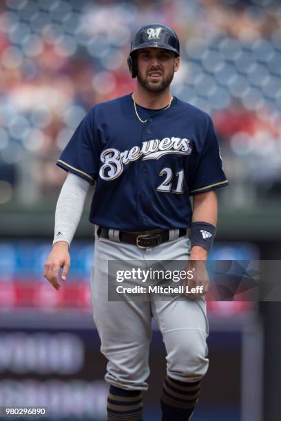 Travis Shaw of the Milwaukee Brewers looks on against the Philadelphia Phillies at Citizens Bank Park on June 9, 2018 in Philadelphia, Pennsylvania.