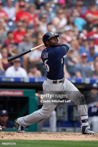 Lorenzo Cain of the Milwaukee Brewers bats against the Philadelphia Phillies at Citizens Bank Park on June 9, 2018 in Philadelphia, Pennsylvania.