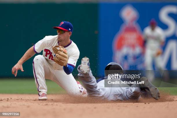 Lorenzo Cain of the Milwaukee Brewers steals second base past Scott Kingery of the Philadelphia Phillies in the top of the fifth inning at Citizens...