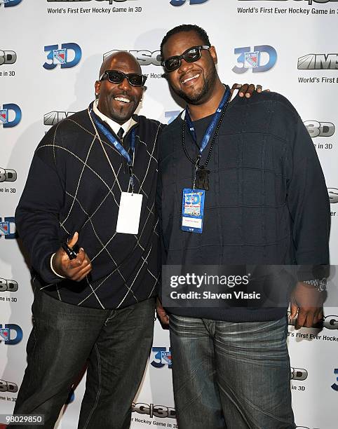 Actors Kevin Brown and Grizz Chapman attend the first hockey game in 3D telecast viewing party at Madison Square Garden on March 24, 2010 in New York...