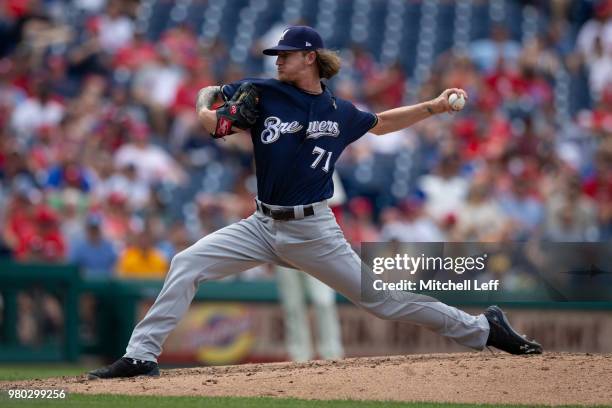 Josh Hader of the Milwaukee Brewers pitches against the Philadelphia Phillies at Citizens Bank Park on June 9, 2018 in Philadelphia, Pennsylvania.