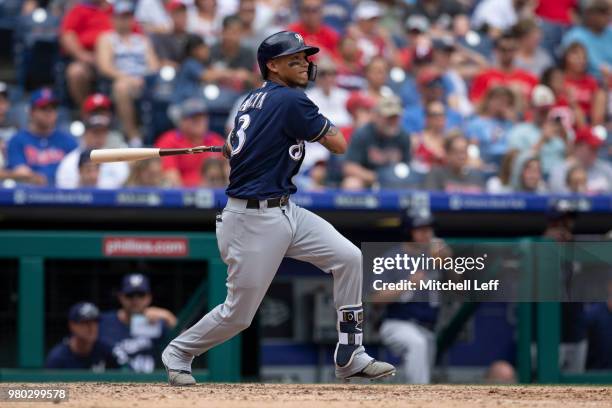 Orlando Arcia of the Milwaukee Brewers bats against the Philadelphia Phillies at Citizens Bank Park on June 9, 2018 in Philadelphia, Pennsylvania.